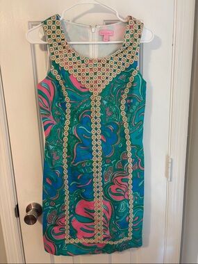 Lilly Pulitzer Teal, Pink & Green Sleeveless Shift Dress with Embroidered Trim